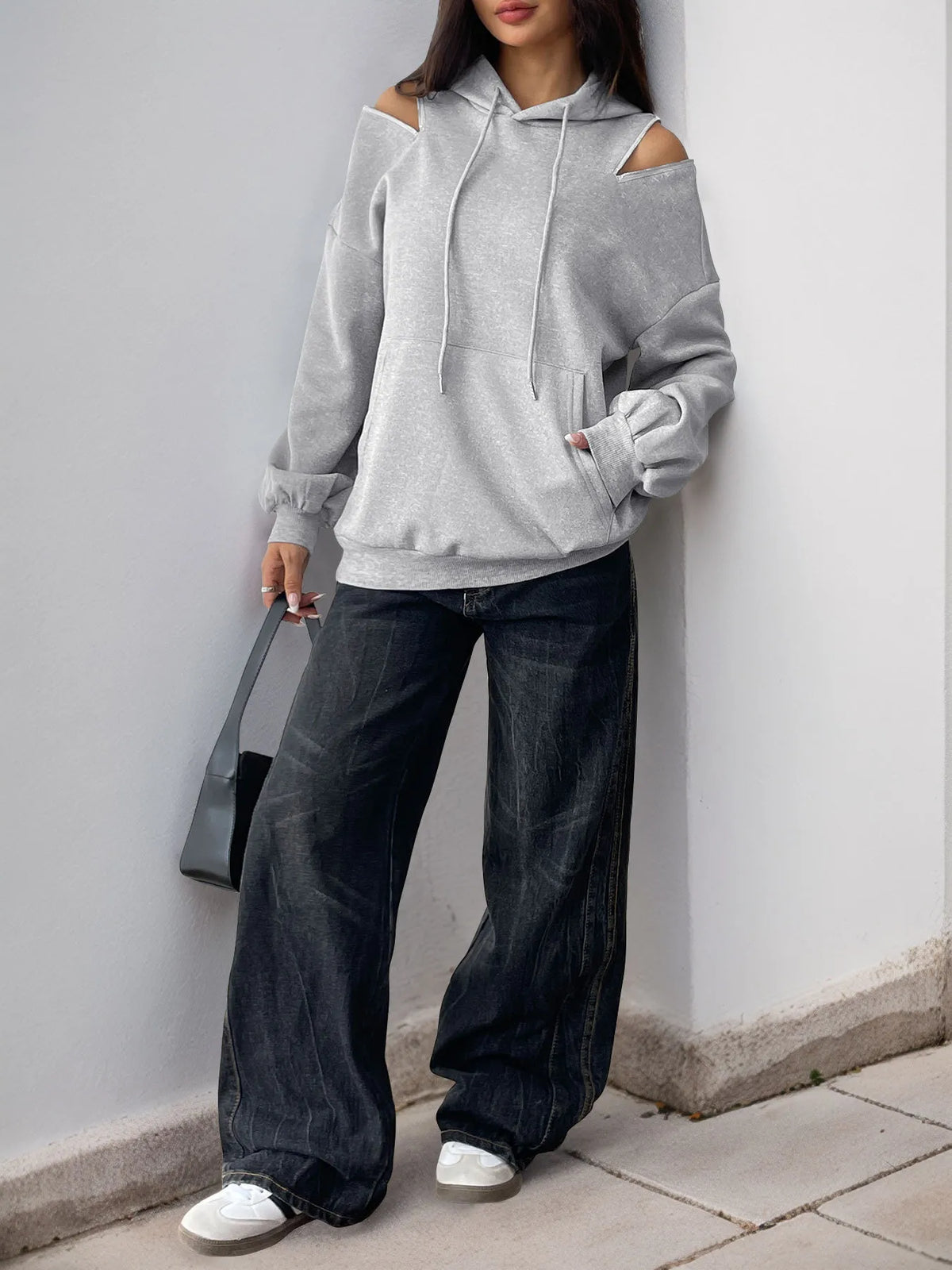 Drawstring Zip Detail Cold Shoulder Hoodie | STAHlin RADIANCE