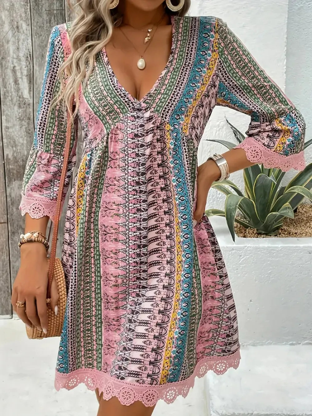 Lace Trim Printed V-Neck 3/4 Sleeve Dress | STAHlin RADIANCE