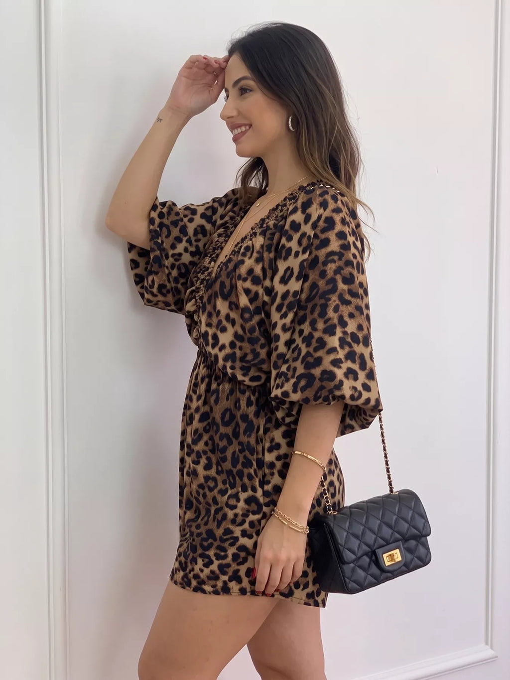V-Neck Leopard Print Puff Sleeve Romper | STAHlin RADIANCE