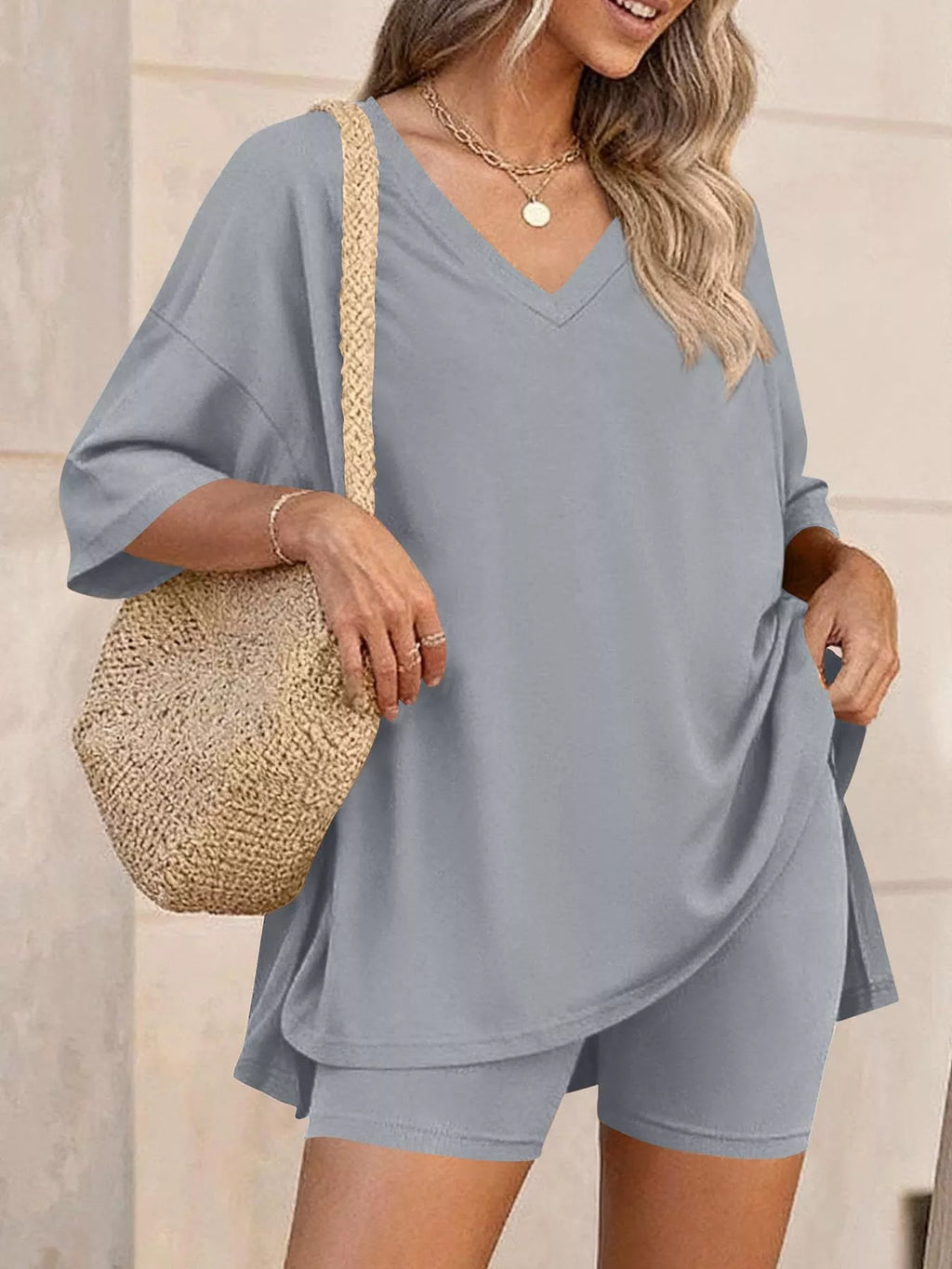 Full Size Casual Loose V-Neck T-Shirt & Shorts Set Plus Size | STAHlin RADIANCE