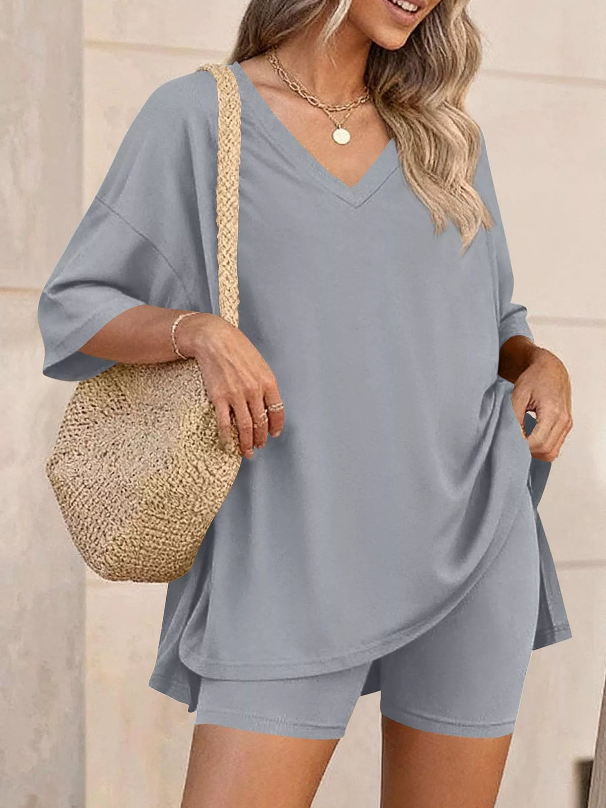 Full Size Casual Loose V-Neck T-Shirt & Shorts Set Plus Size | STAHlin RADIANCE