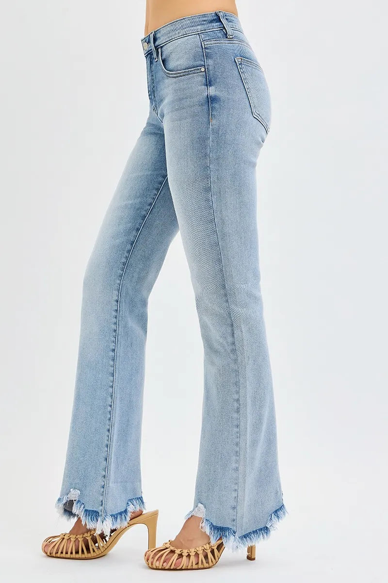 RISEN Full Size Tummy Control Mid Rise Flare Jeans with Fray Hem Detailed Plus Size | STAHlin RADIANCE