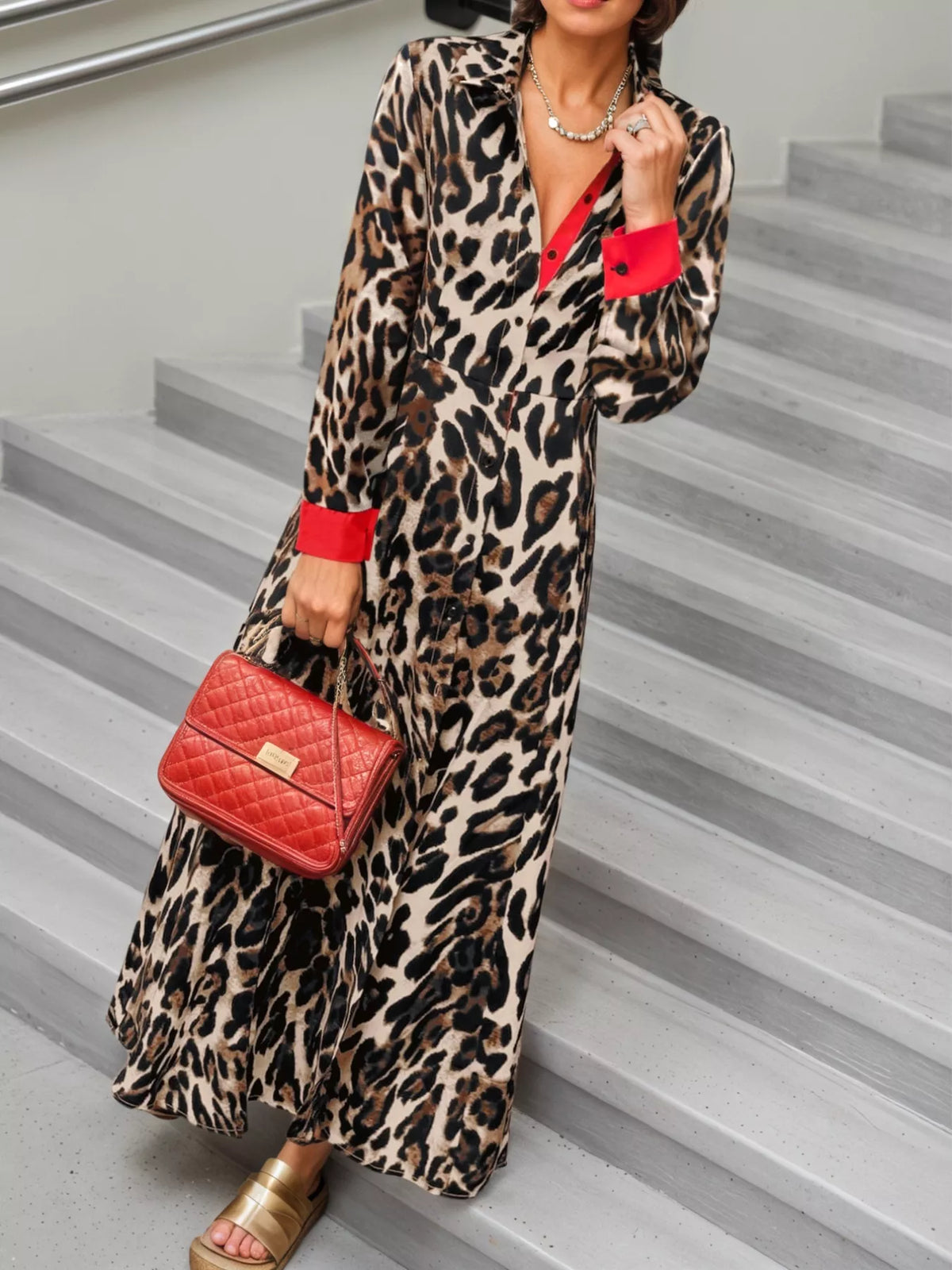 Leopard Print Long Sleeve Shirt Dress with Contrast Trim | STAHlin RADIANCE