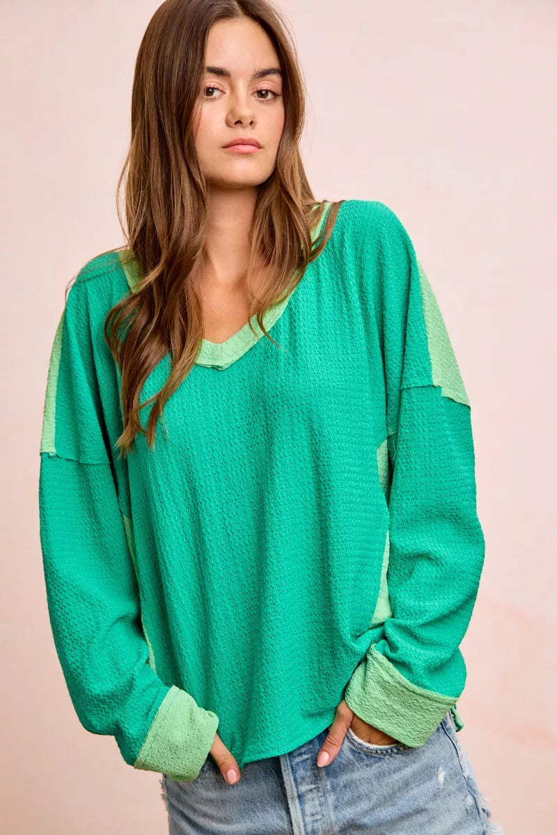 BiBi Textured Jersey Color Block Top With Cut Edge | STAHlin RADIANCE