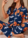 Halloween Pumpkin and Bat Print Button-Down Top and Pants Lounge Set | STAHlin RADIANCE