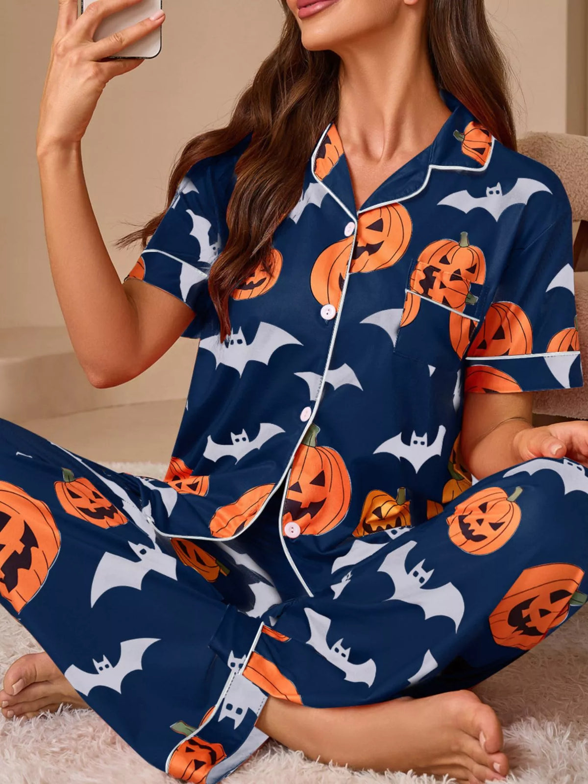 Halloween Pumpkin and Bat Print Button-Down Top and Pants Lounge Set | STAHlin RADIANCE