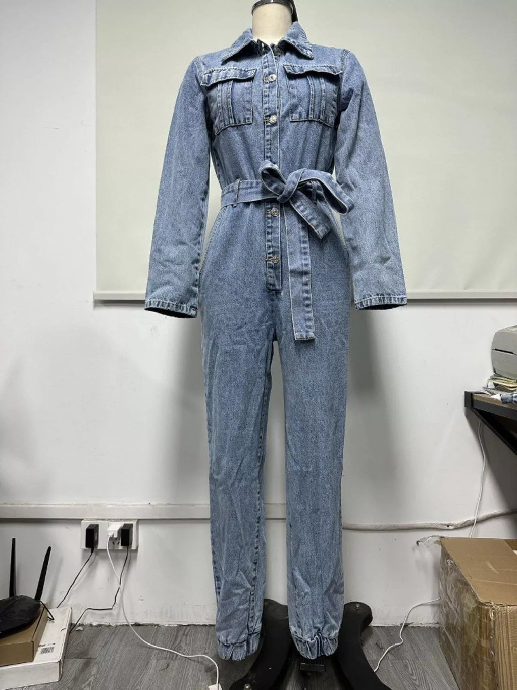Long Sleeve Button-Up Denim Jumpsuit with Belted Waist and Elastic Cuffs | STAHlin RADIANCE