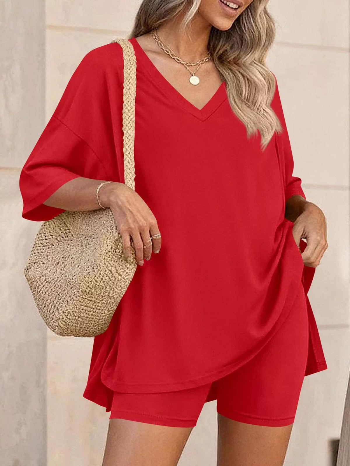 Full Size Casual Loose V-Neck T-Shirt & Shorts Set Plus Size | STAHlin RADIANCE