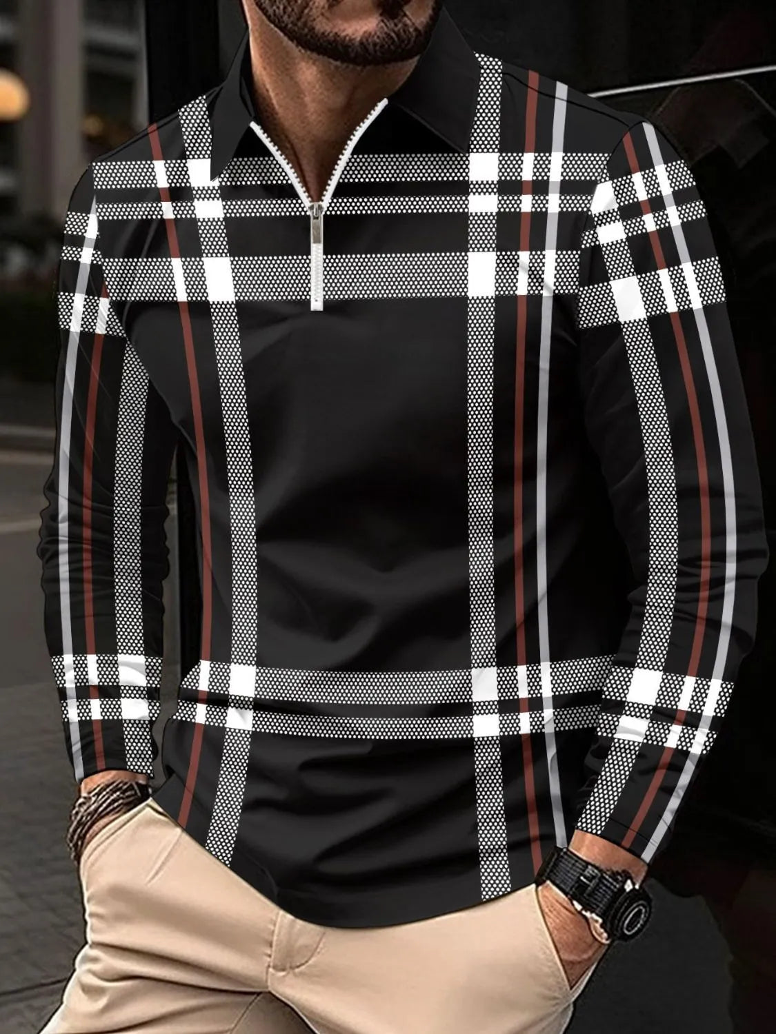 Men's Full Size Plaid Zip Collar Long Sleeve Polo Plus Size | STAHlin RADIANCE