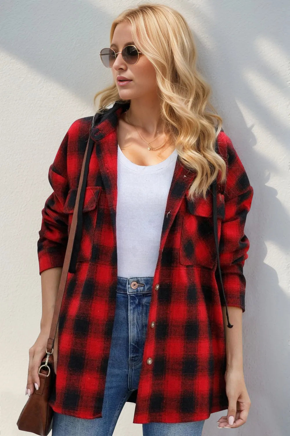 Double Take Drawstring Plaid Long Sleeve Hooded Shacket | STAHlin RADIANCE