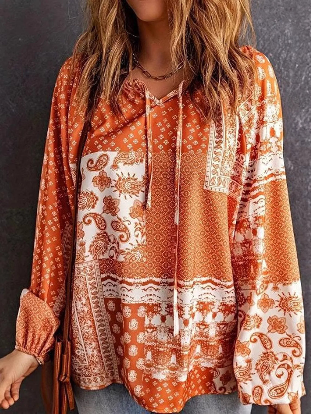 Full Size Paisley Print Tie-Neck Long Sleeve Blouse Plus Size | STAHlin RADIANCE