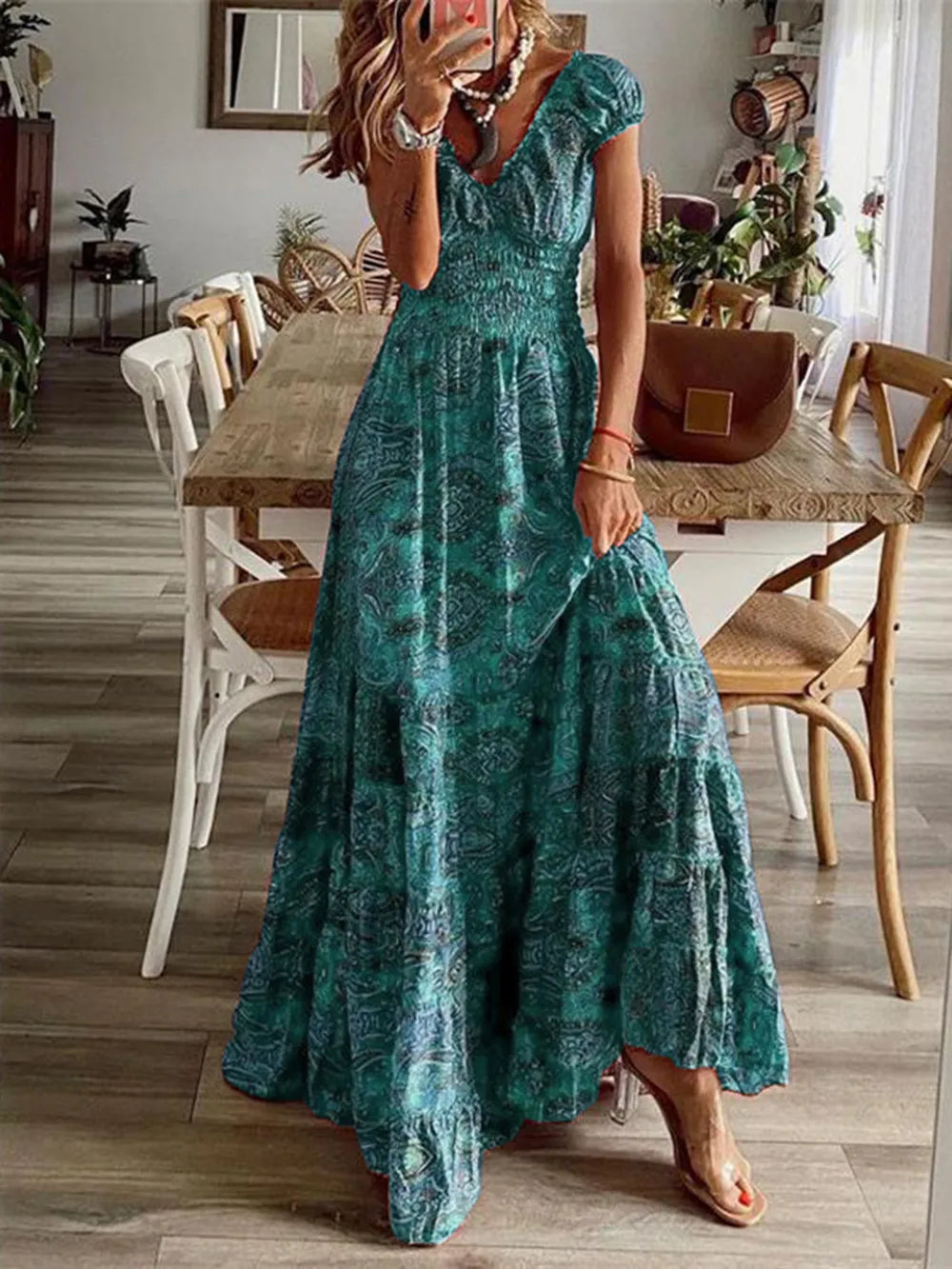 Full Size Smocked Printed V-Neck Short Sleeve Dress | STAHlin RADIANCE