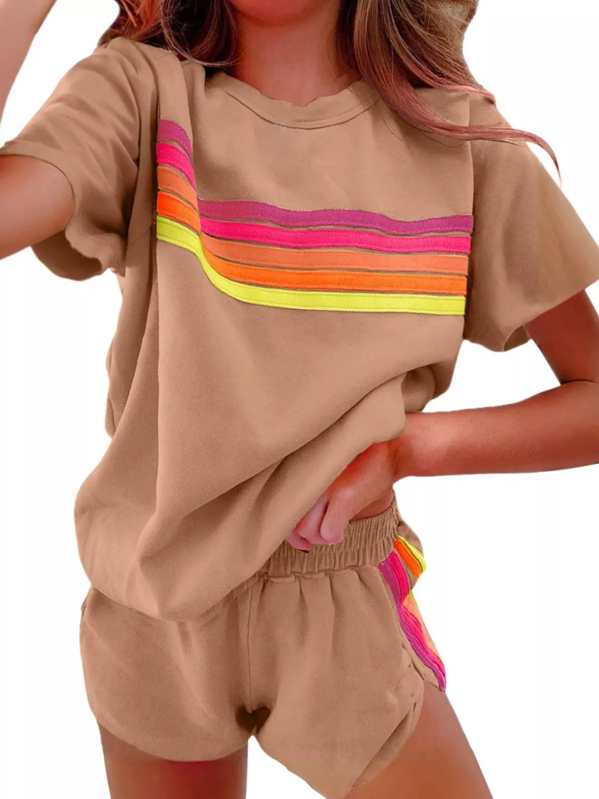 Rainbow Striped Round Neck Top and Shorts Set | STAHlin RADIANCE