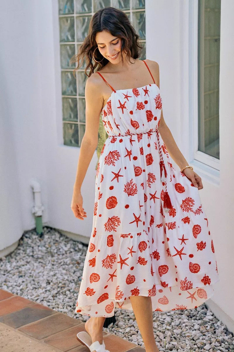 SO ME Shell Print Tiered Lined Midi Cami Dress With Belt | STAHlin RADIANCE