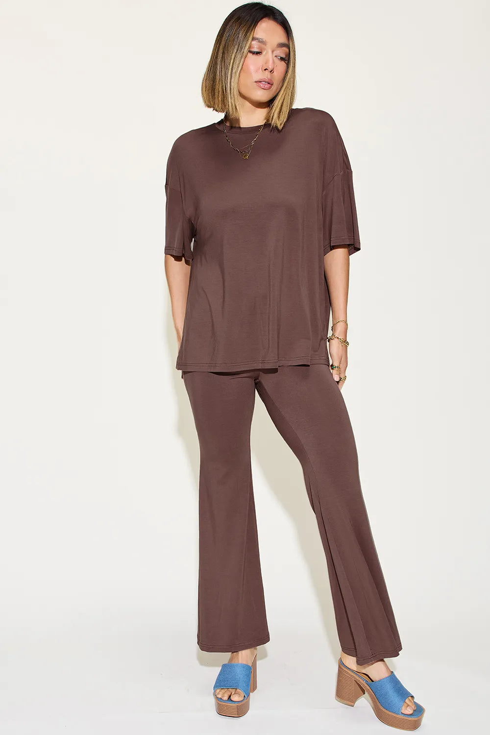 Basic Bae Full Size Bamboo Drop Shoulder T-Shirt and Flare Pants Set | STAHlin RADIANCE