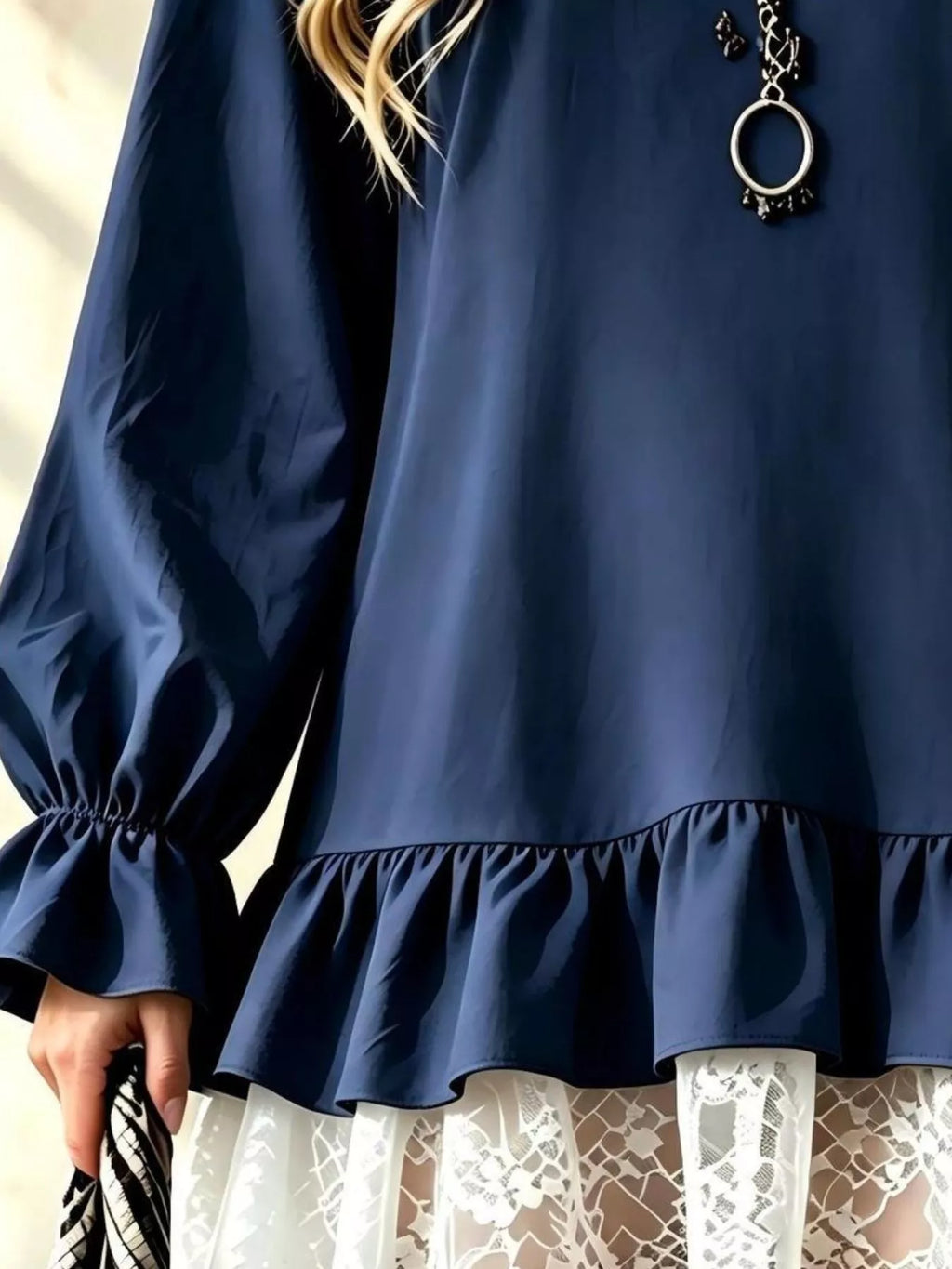 V-Neck Long Sleeve Ruffle Hem Lace Detail Dress | STAHlin RADIANCE