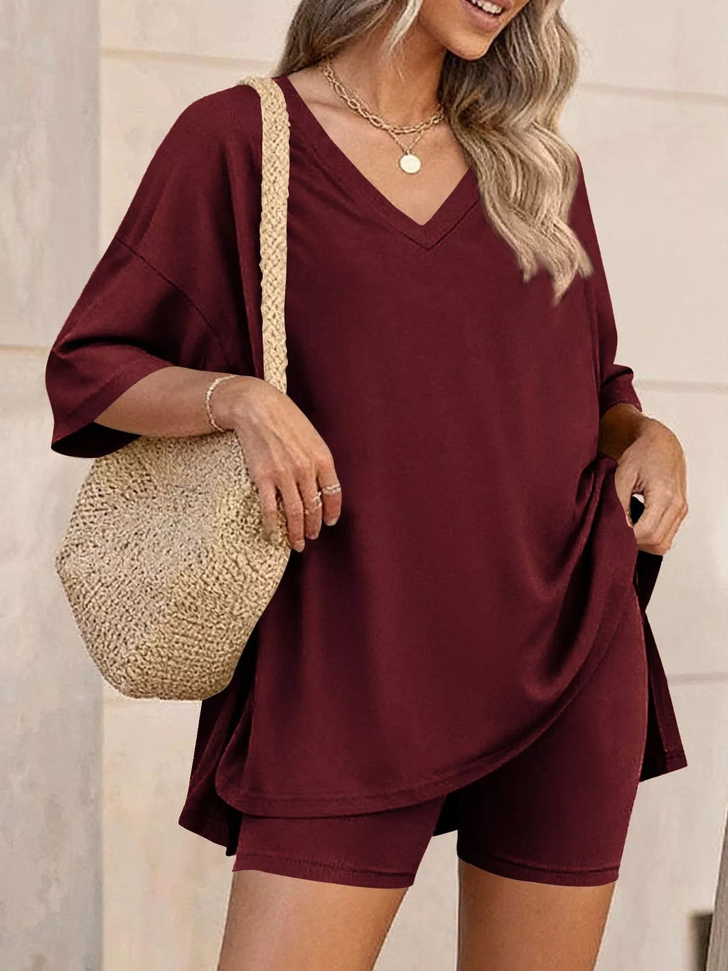 Full Size Casual Loose V-Neck T-Shirt & Shorts Set Plus Size | STAHlin RADIANCE