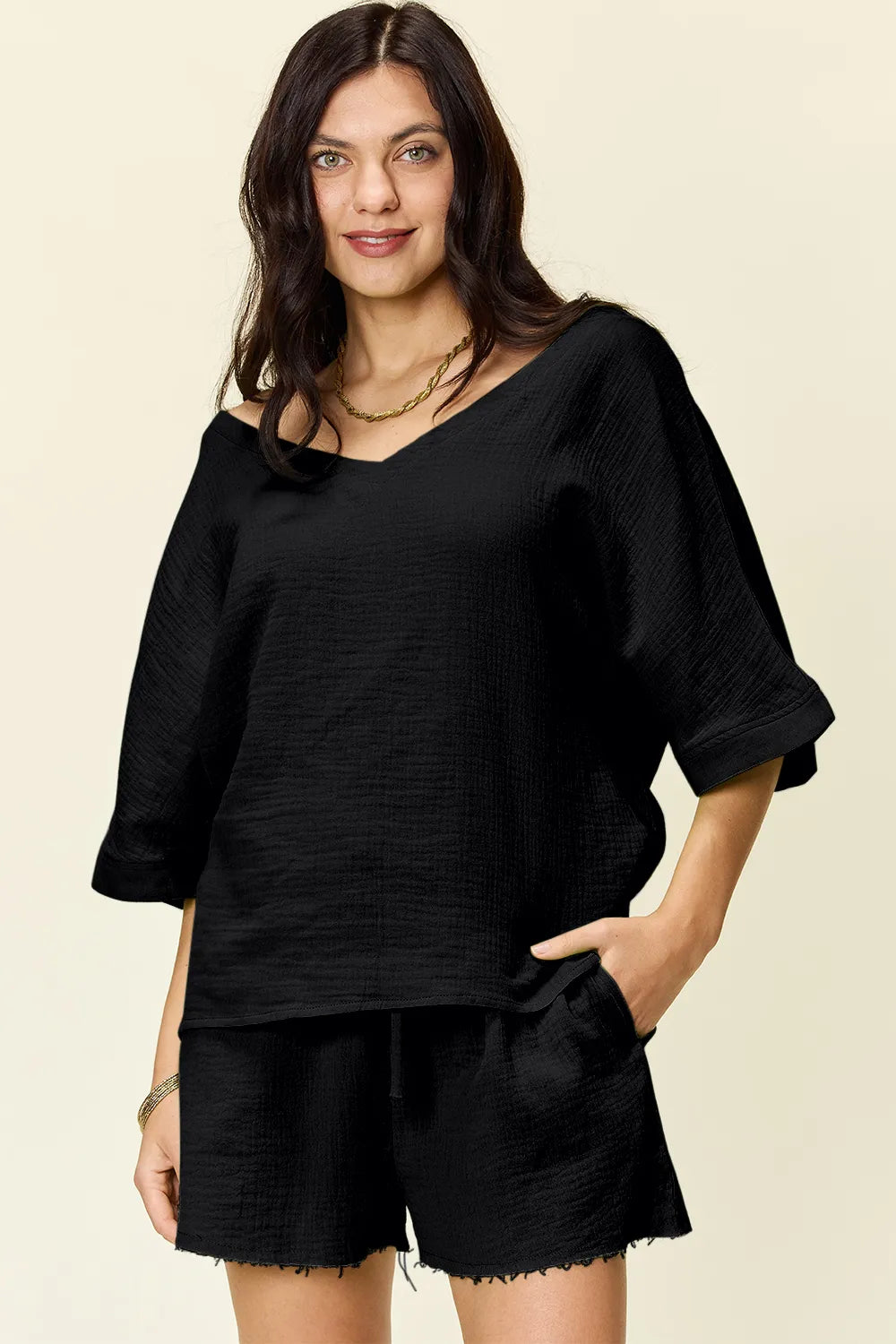Double Take Texture Half Sleeve T-Shirt and Drawstring Shorts Set | STAHlin RADIANCE