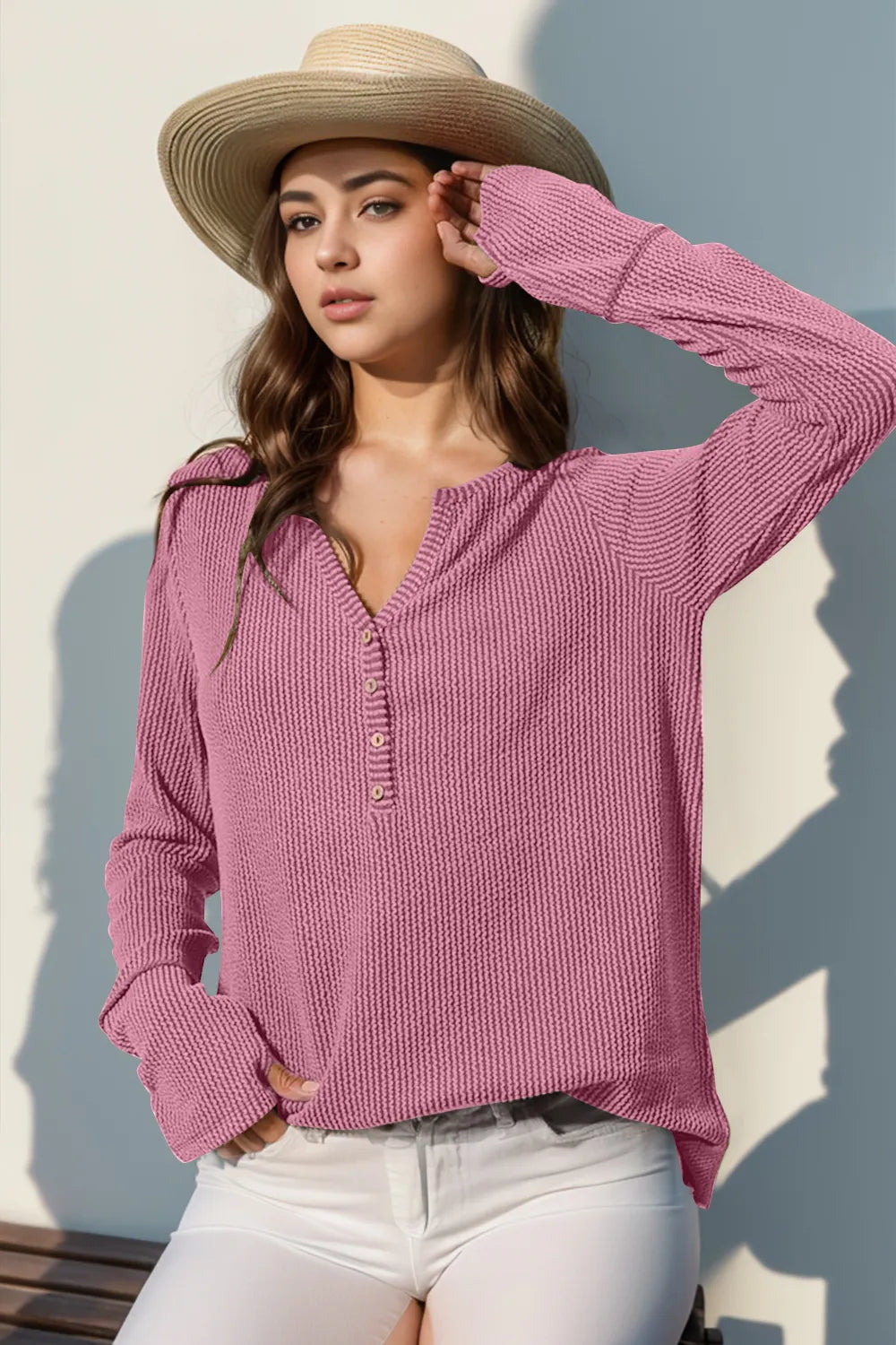 Double Take Full Size Notched Thumbhole Long Sleeve T-Shirt | STAHlin RADIANCE
