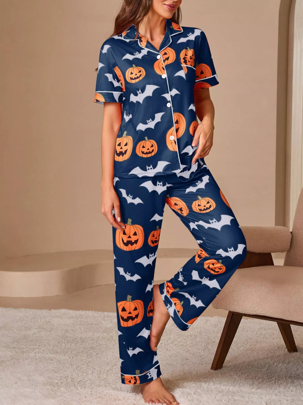 Halloween Pumpkin and Bat Print Button-Down Top and Pants Lounge Set | STAHlin RADIANCE