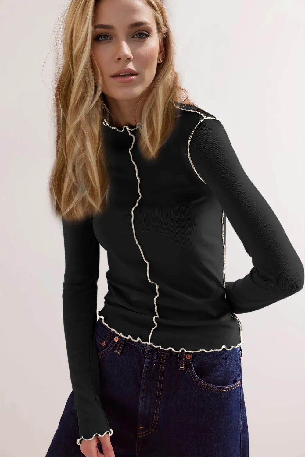 Basic Bae Wavy Lettuce Trim Contrast Stitching Long Sleeve Mock Neck Slim Fit Casual Top | STAHlin RADIANCE