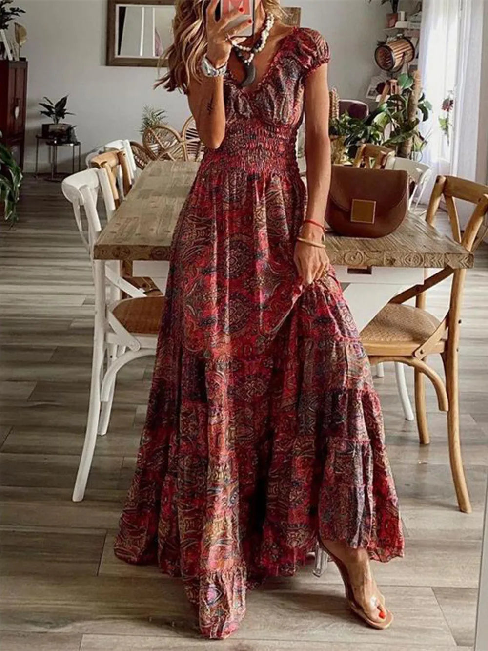 Full Size Smocked Printed V-Neck Short Sleeve Dress | STAHlin RADIANCE