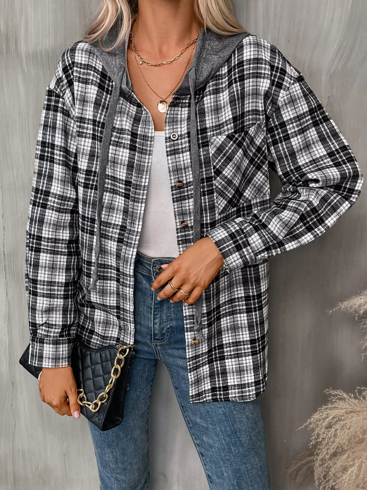 Plaid Button-Up Hooded Shirt with Chest Pocket | STAHlin RADIANCE