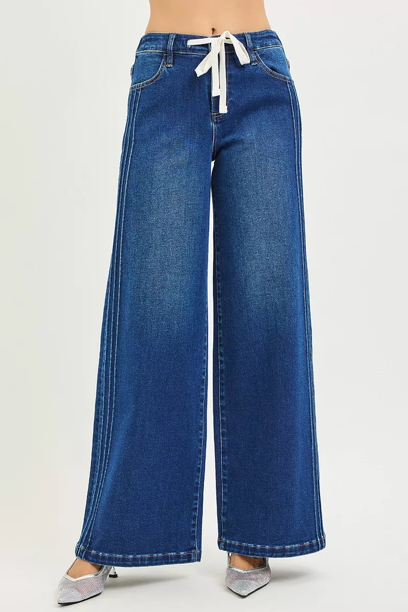 RISEN Full Size Mid Rise Wide Side Pintuck Jeans with Front Drawstring Plus Size | STAHlin RADIANCE