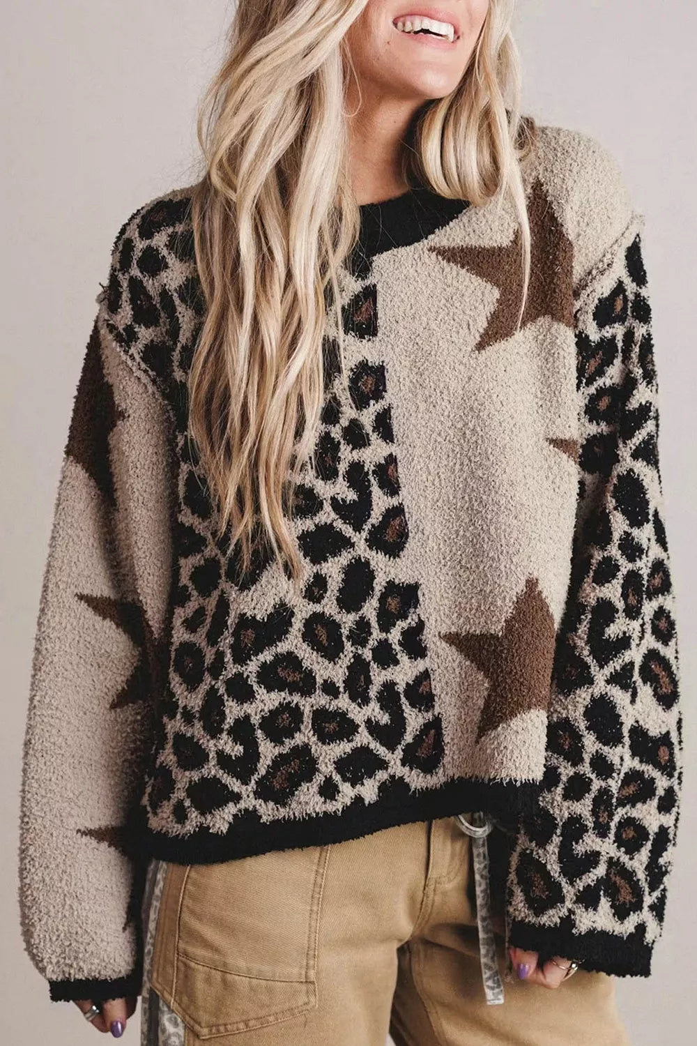 Leopard Star Pattern Round Neck Long Sleeve Shift Sweater | STAHlin RADIANCE