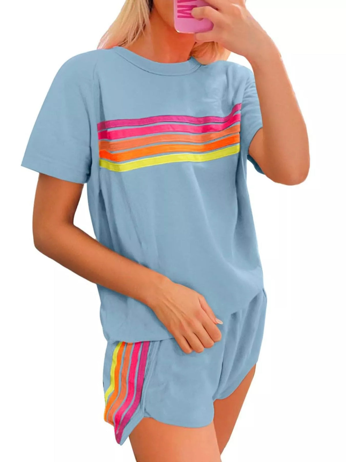 Rainbow Striped Round Neck Top and Shorts Set | STAHlin RADIANCE