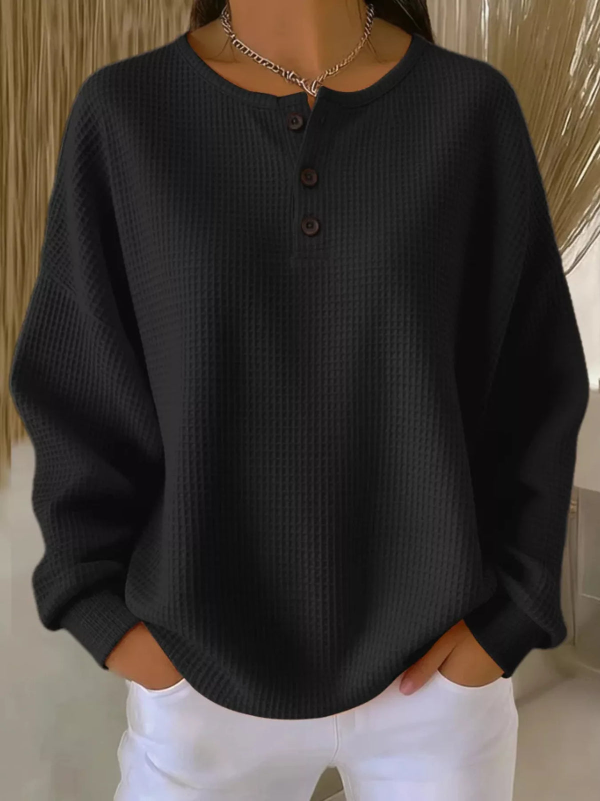 Full Size Waffle Knit Button Detail Top Plus Size | STAHlin RADIANCE