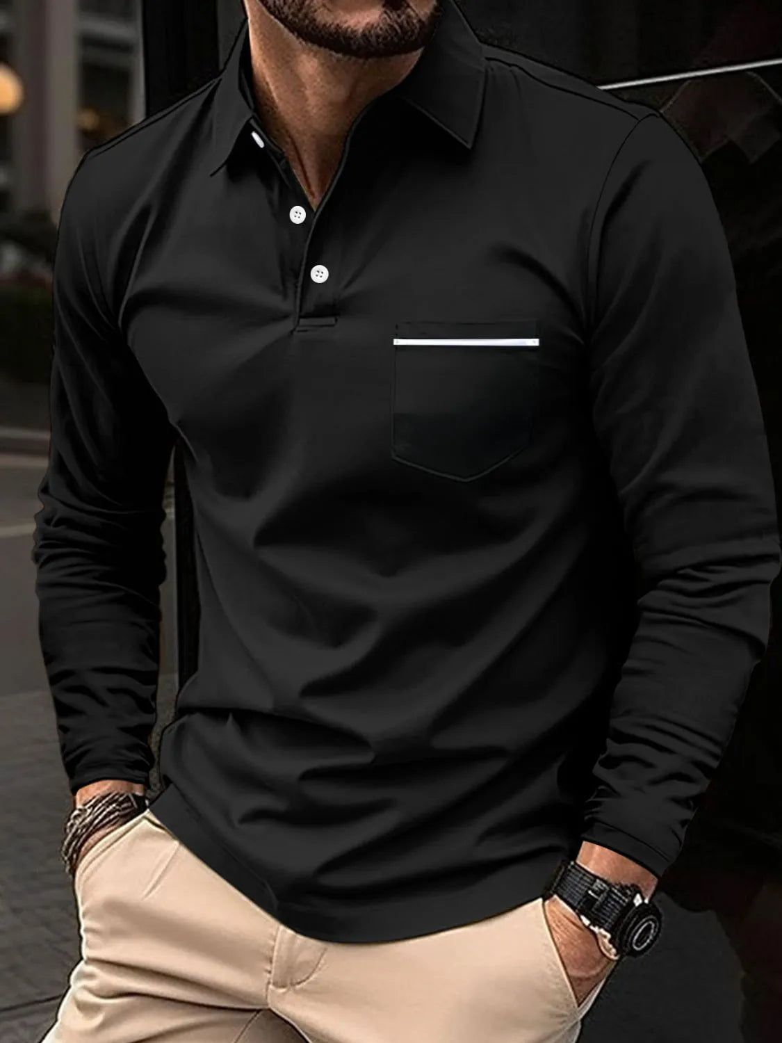 Men's Full Size Button Detail Long Sleeve Polo Plus Size | STAHlin RADIANCE