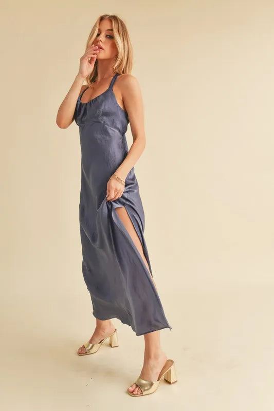 Aemi + Co Ruched Side Slit Cutout Back Maxi Cami Dress | STAHlin RADIANCE
