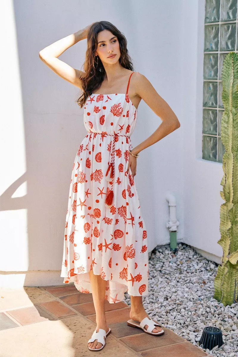 SO ME Shell Print Tiered Lined Midi Cami Dress With Belt | STAHlin RADIANCE