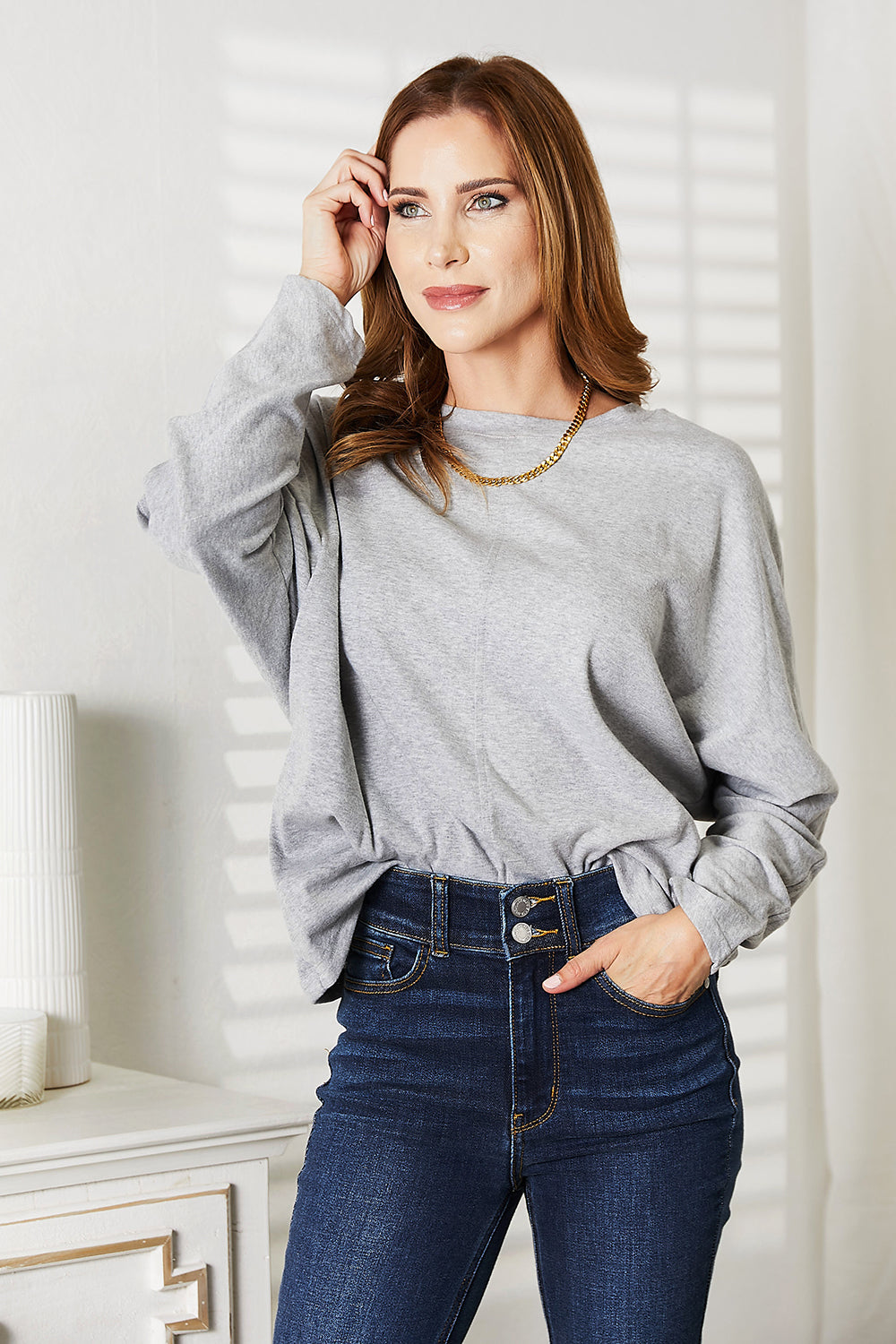 Double Take Seam Detail Round Neck Long Sleeve Top | STAHlin RADIANCE