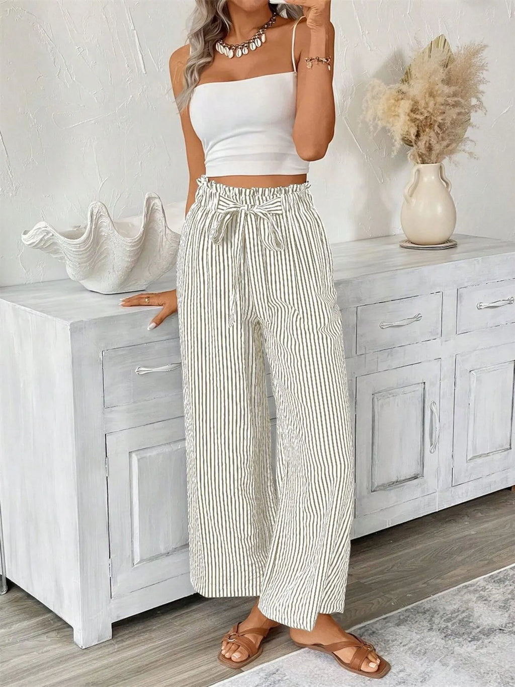 Full Size Striped Wide Leg Paper Bag Pants Plus Size | STAHlin RADIANCE