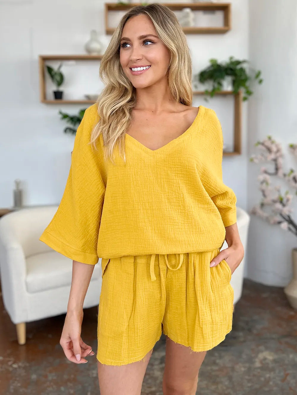 Double Take Texture Half Sleeve T-Shirt and Drawstring Shorts Set | STAHlin RADIANCE