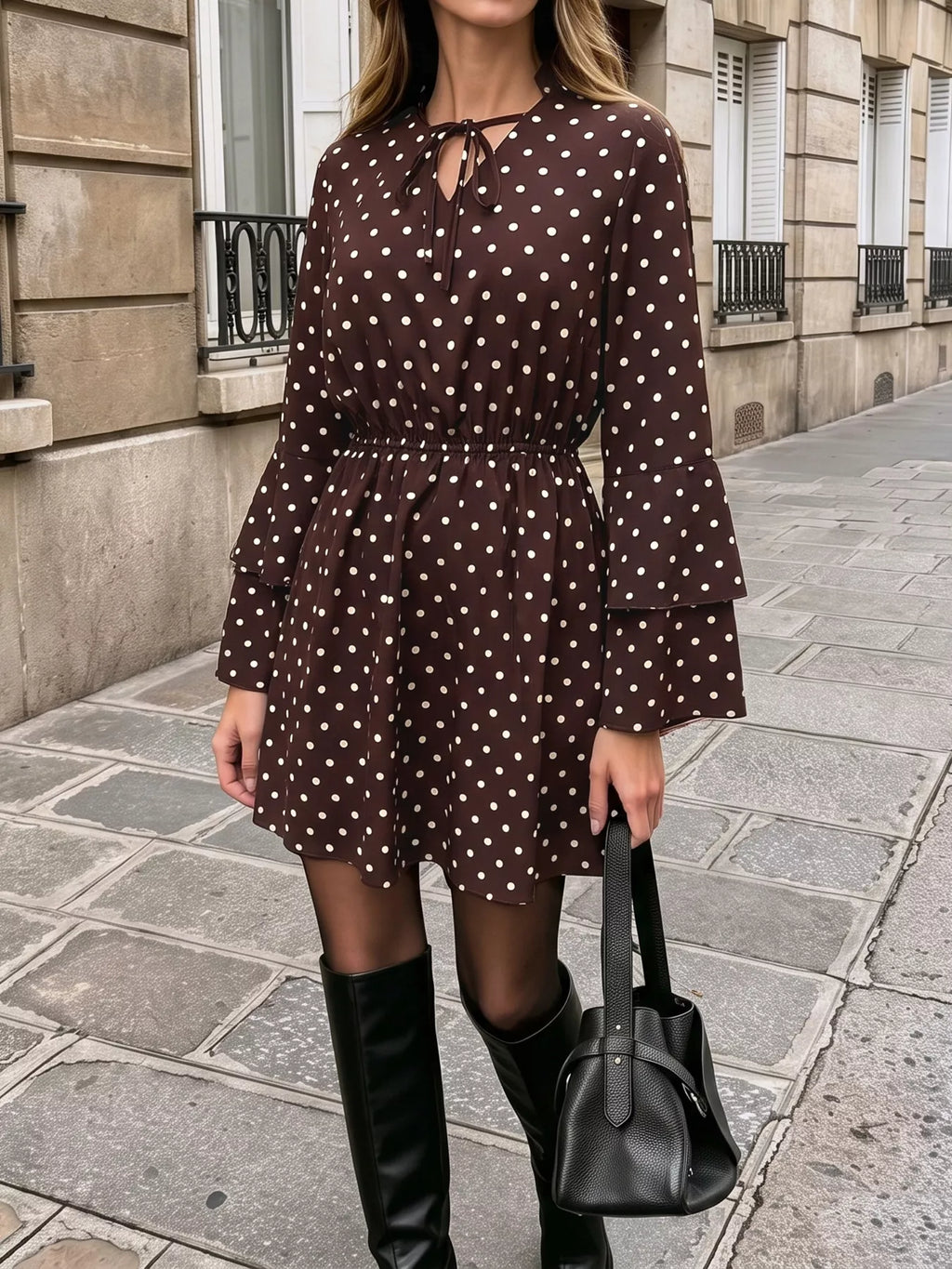 Polka Dot Flare Sleeve Tie Neck Dress | STAHlin RADIANCE