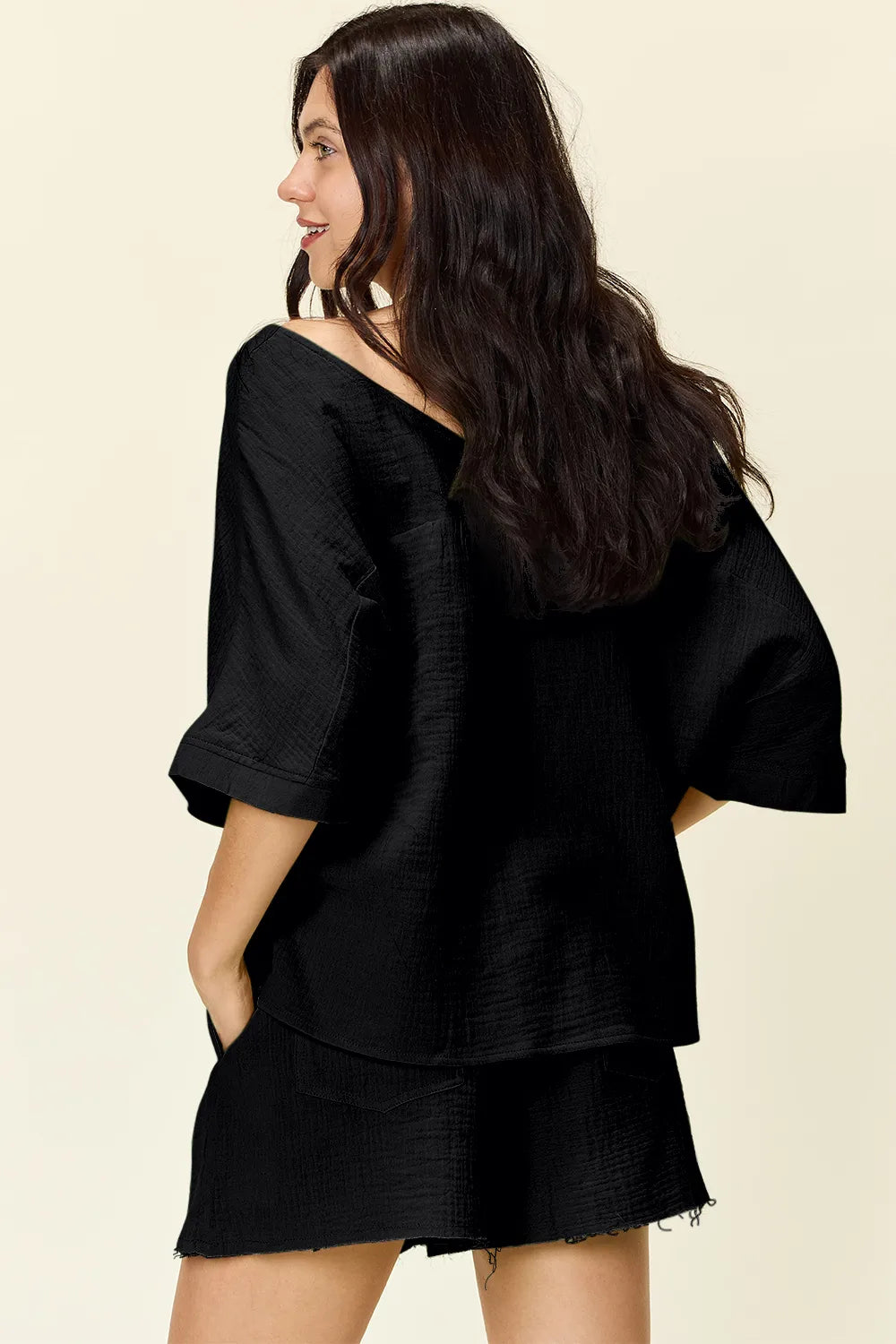 Double Take Texture Half Sleeve T-Shirt and Drawstring Shorts Set | STAHlin RADIANCE
