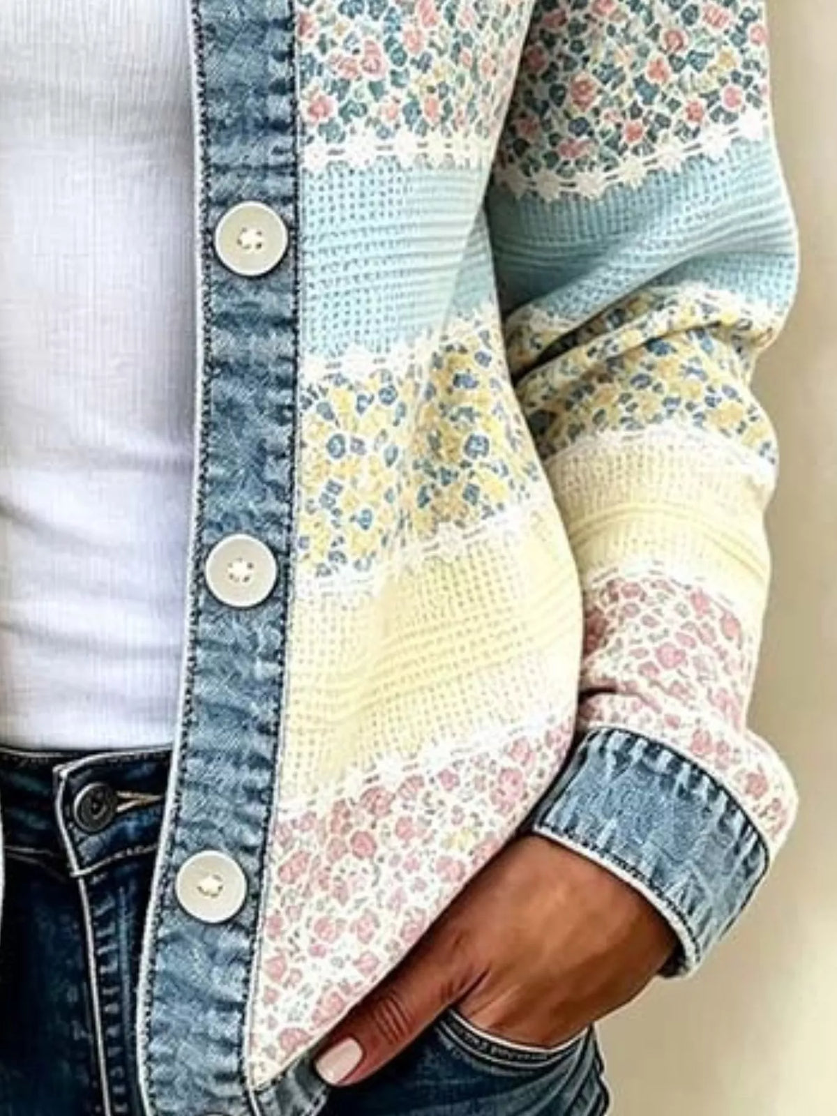 Full Size Floral Patchwork Denim Trim Jacket Plus Size | STAHlin RADIANCE