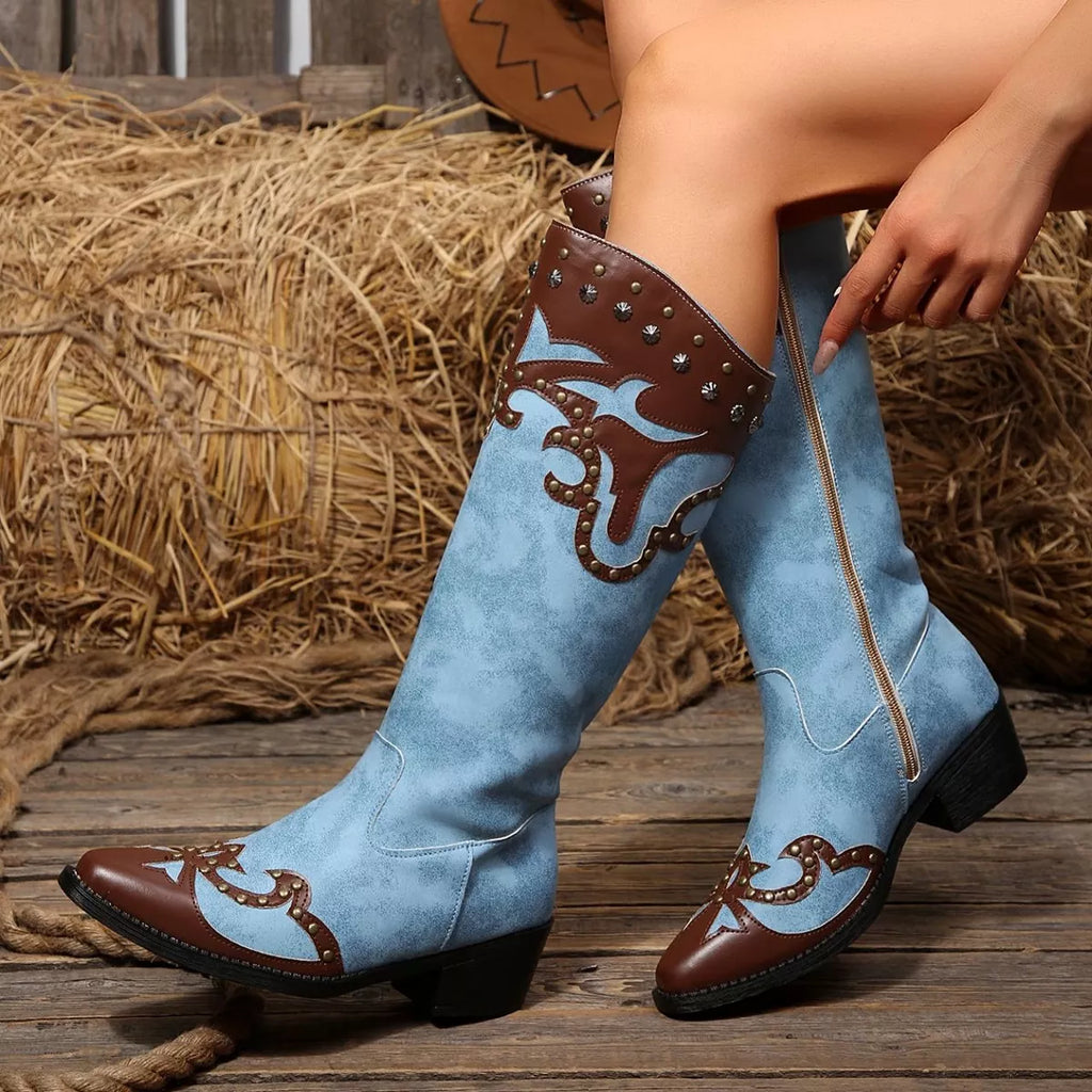 Western-Style Studded Two-Tone Mid-Calf Cowboy Boots | STAHlin RADIANCE