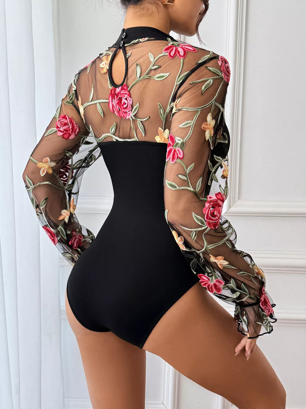 Floral Embroidered Mesh Long Sleeve Bodysuit | STAHlin RADIANCE