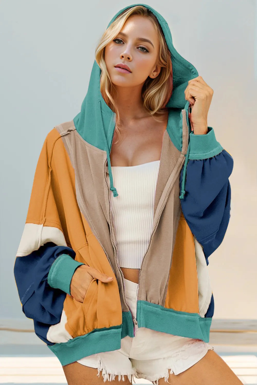 Double Take Full Size Color Block Zip Up Hoodie | STAHlin RADIANCE