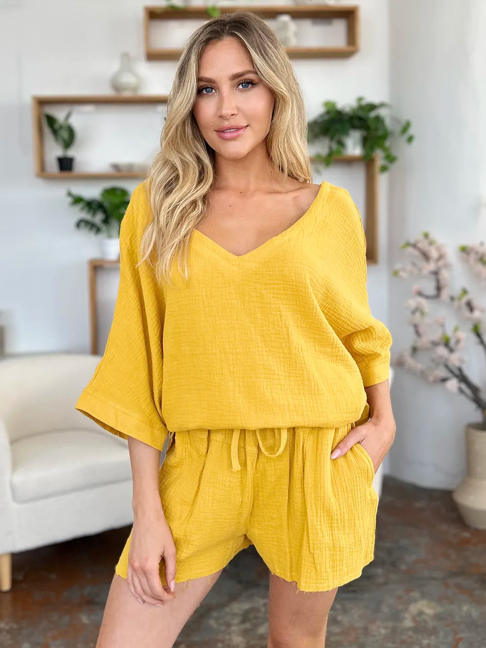 Double Take Texture Half Sleeve T-Shirt and Drawstring Shorts Set | STAHlin RADIANCE