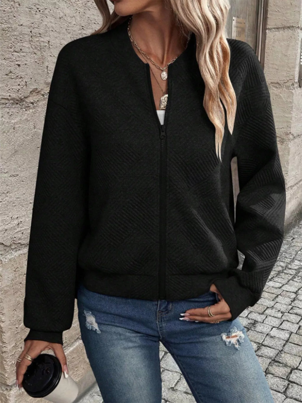 Textured Knit Zip-Up Jacket | STAHlin RADIANCE