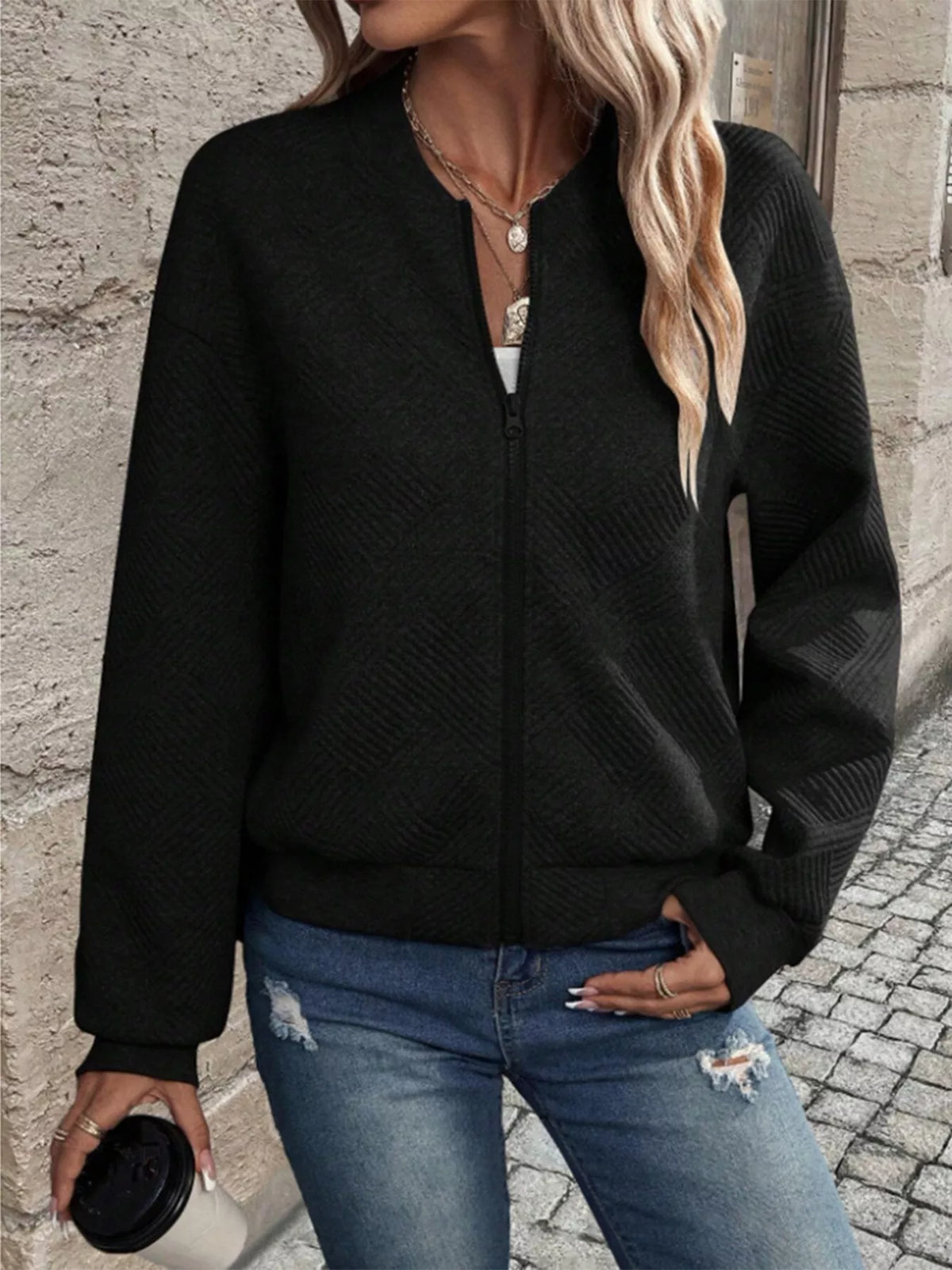 Textured Knit Zip-Up Jacket | STAHlin RADIANCE