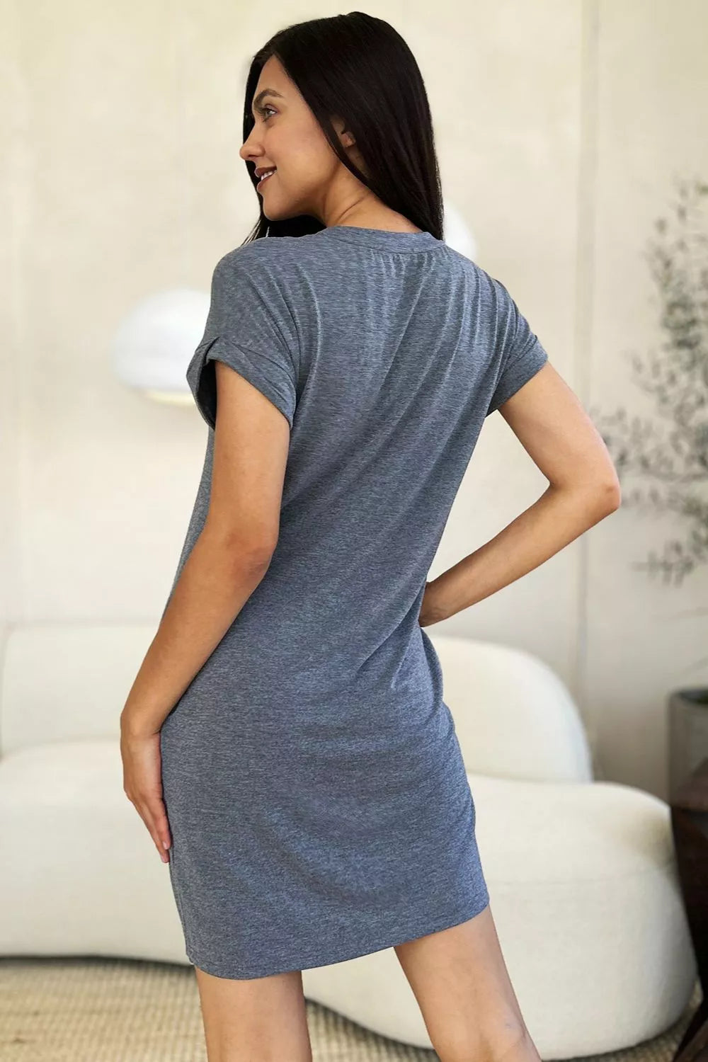 Basic Bae Full Size Solid Round Neck Short Sleeve Casual Loose Mini T-Shirt Dress with Side Pockets | STAHlin RADIANCE