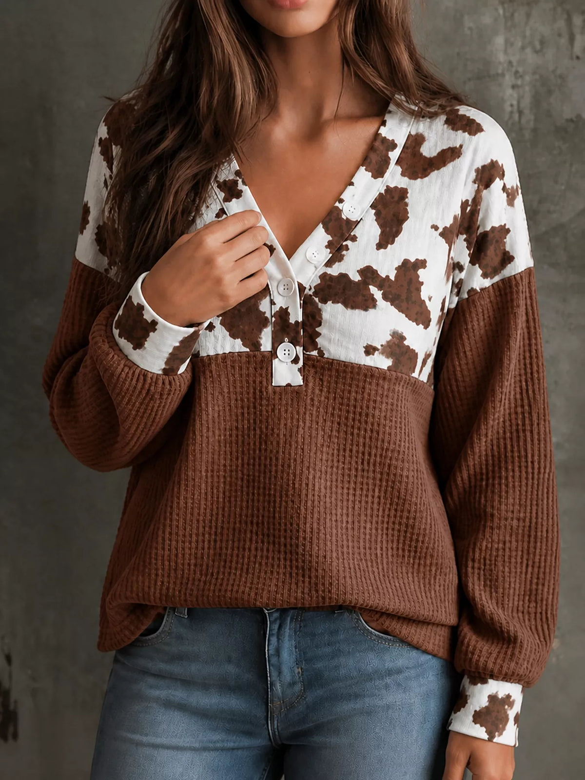 Cow Print Color Block Waffle Knit Blouse | STAHlin RADIANCE