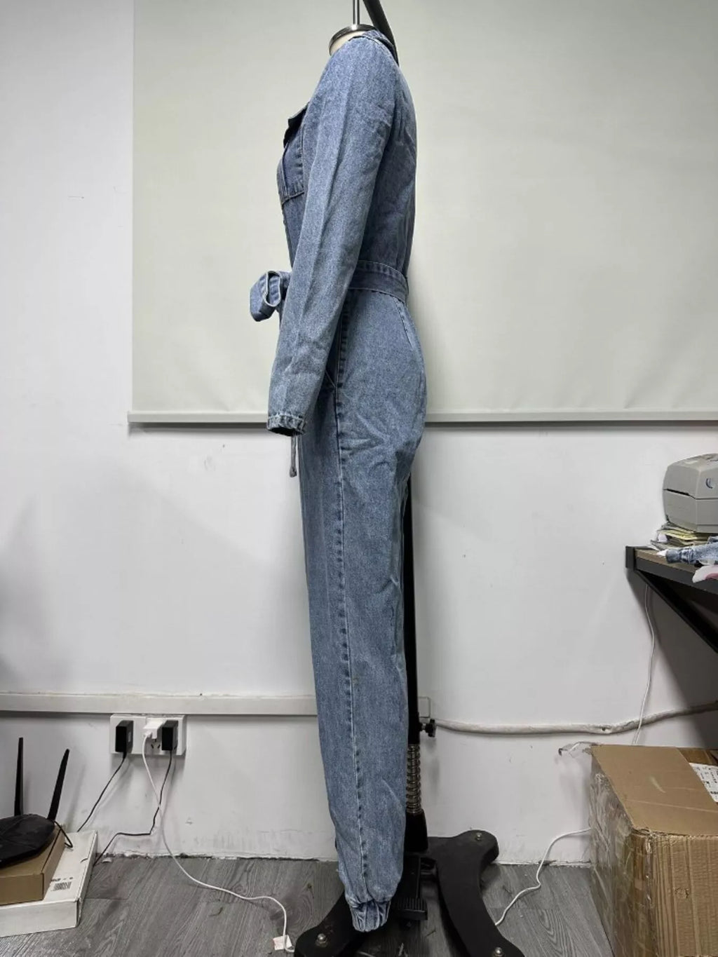 Long Sleeve Button-Up Denim Jumpsuit with Belted Waist and Elastic Cuffs | STAHlin RADIANCE