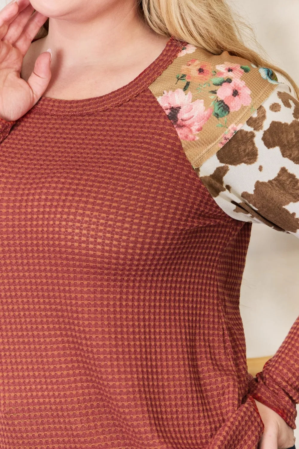 Hailey & Co Full Size Leopard Waffle-Knit Blouse | STAHlin RADIANCE